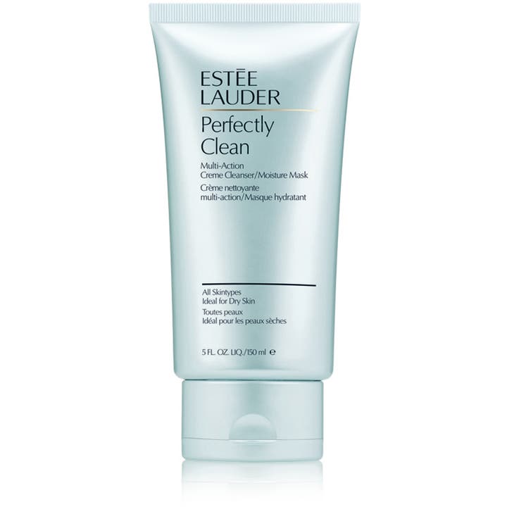 Estée Lauder Perfectly Clean 150 ml ansiktsrens og fuktmaske som pleier tørr hud i en lyseblå perlemorsfarget tube.