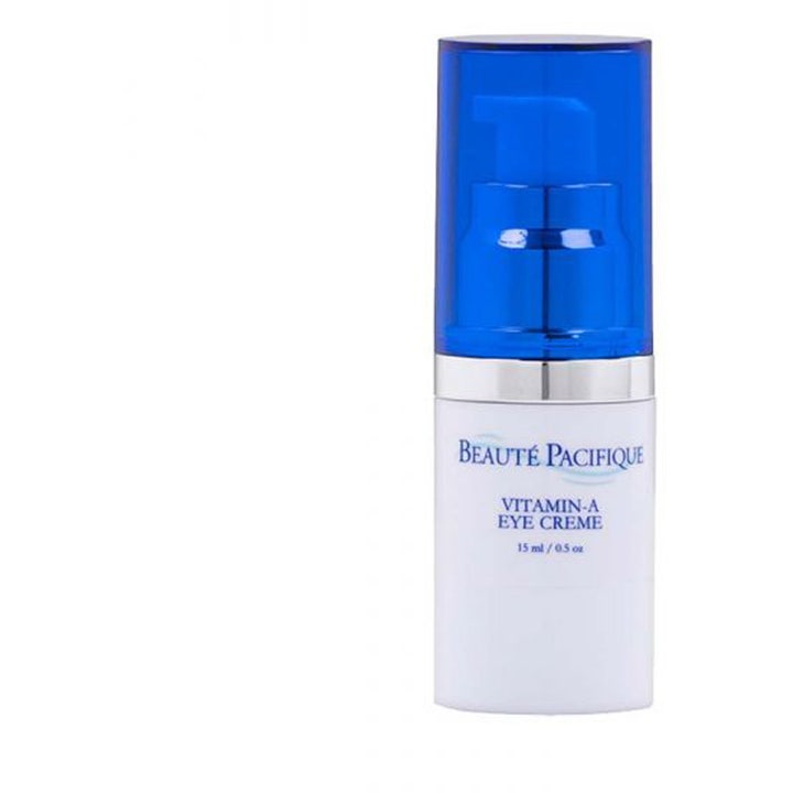 Beauté Pacifique Vitamin-A Eye Creme 15 ml øyekrem som gir glød i hvit pumpeflaske med blå kork.
