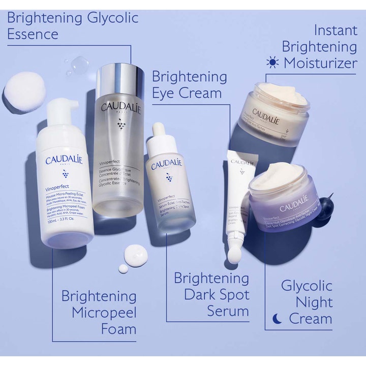 Caudalie Vinoperfect Concentrated Glycolic Essence 100 ml glødgivende essence i frostet glassflaske i en hudpleieserie.
