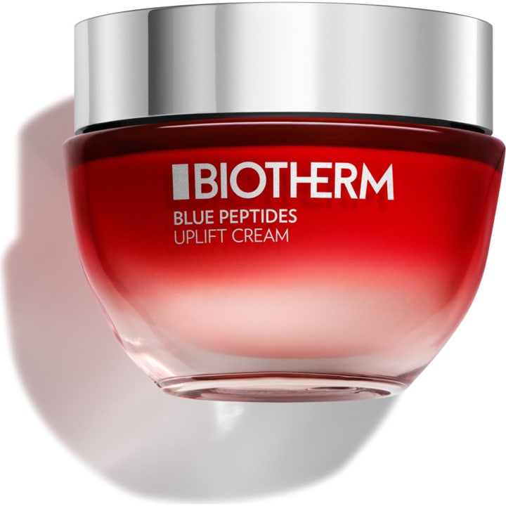 Biotherm Blue Peptides Uplift Cream 50ml oppstrammende ansiktskrem i rød glasskrukke med sølvfarget lokk.