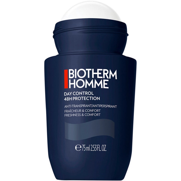 Biotherm Homme Day Control 75ml antiperspirant roll-on i mørkeblå flaske gir 48 timers beskyttelse og friskhet.