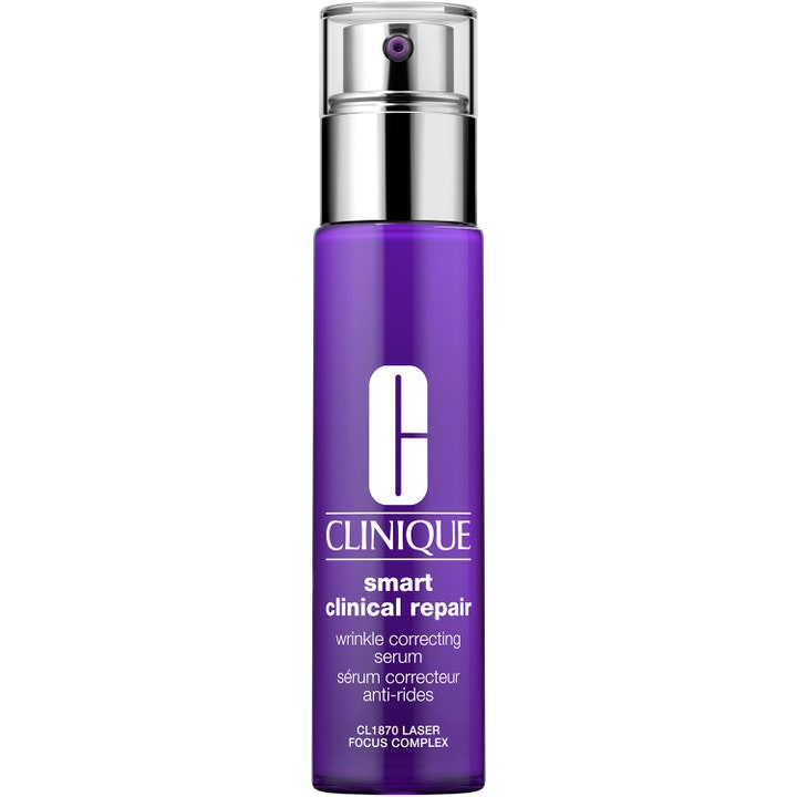 Clinique Smart Clinical Repair Wrinkle Correcting Serum mot rynker i lilla flaske med sølvdetaljer og pumpe