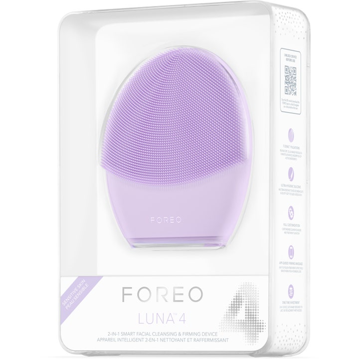 FOREO LUNA 4 Sensitive Skin Purple 1 stk ansiktsbørste i hvit og klar eske som renser og strammer opp huden