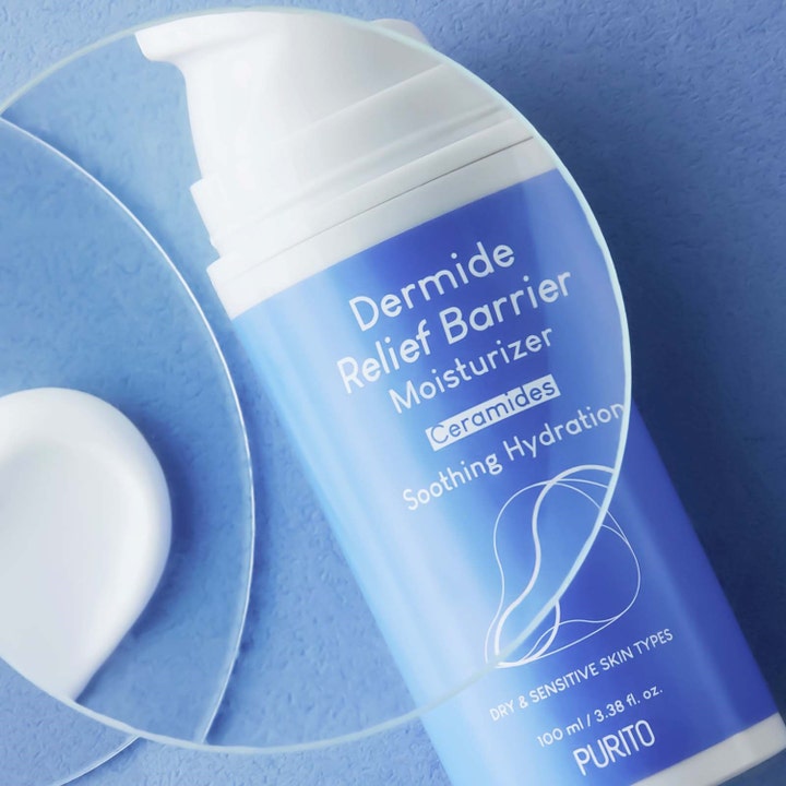 Purito Dermide Relief Barrier Moisturizer 100 ml beroligende ansiktskrem med ceramider og hvit tekstur