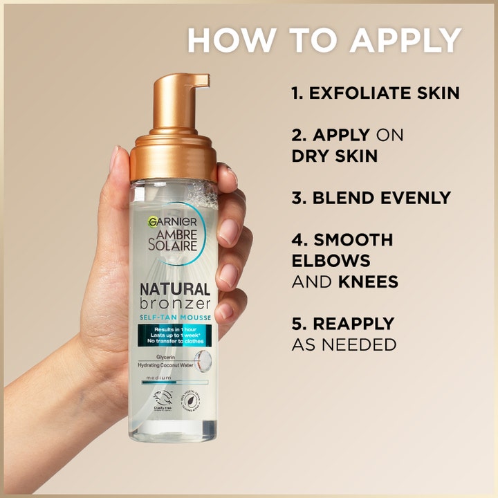 Garnier Ambre Solaire Natural Bronzer 200 ml selvbruning mousse med trinnvis guide for påføring.