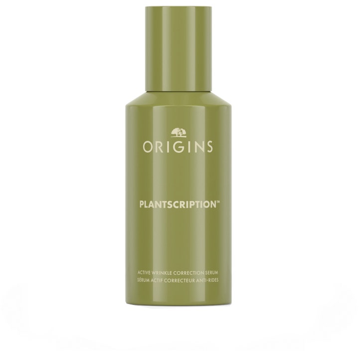 Origins Plantscription Active Wrinkle Correction Serum reduserer rynker i en glanset olivengrønn flaske med hvit tekst