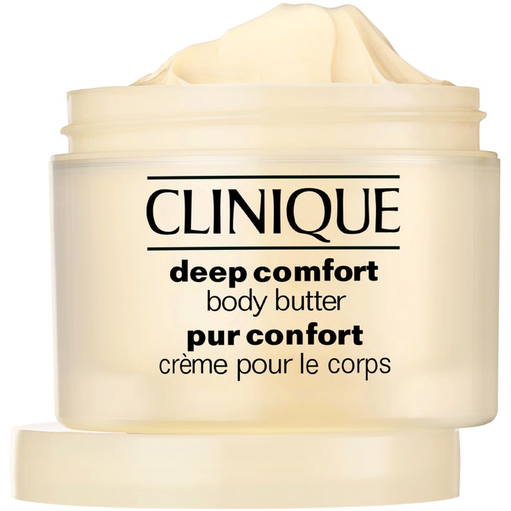 Clinique Deep Comfort Body Butter 200 ml fuktighetsgivende kroppskrem i åpen krukke med fyldig kremet tekstur.