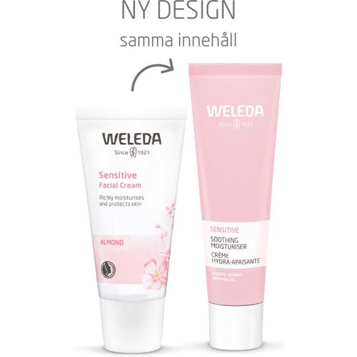 Weleda Almond Soothing Facial Cream 30 ml beroligende ansiktskrem som viser nytt rosa design og gammelt utseende.