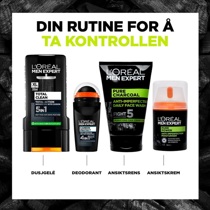 L'Oréal Paris Pure Charcoal Wash 100 ml ansiktsrens i en rutine med dusjgelé, deodorant og ansiktskrem.