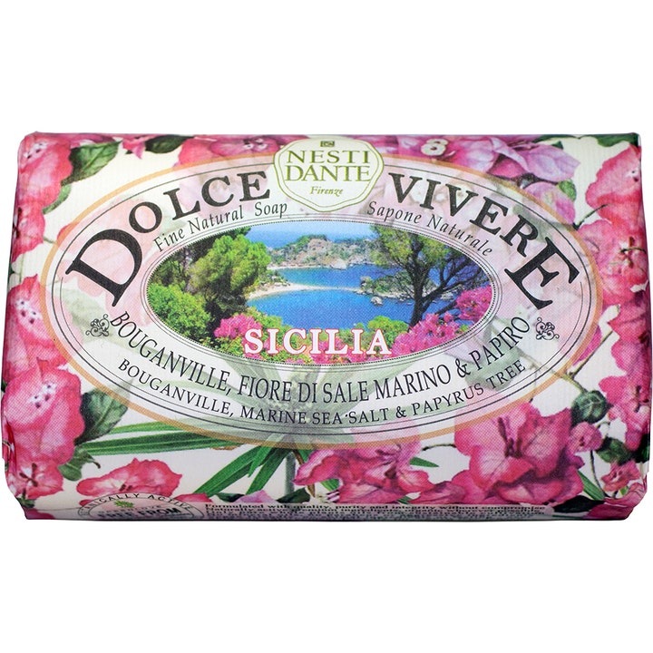 Nesti Dante Dolce Vivere Sicilia 250g naturlig såpe i papir med dekorative rosa bougainvilleablomster og blått hav
