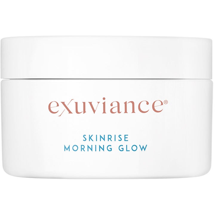 Exuviance SkinRise Morning Glow 36 stk glødgivende ansiktspads i en stilren hvit plastkrukke med blå detaljer