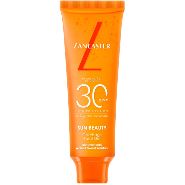 Lancaster Sun Beauty Face Gel SPF 30 solkrem for ansikt i oransje tube med gjennomsiktig geltekstur