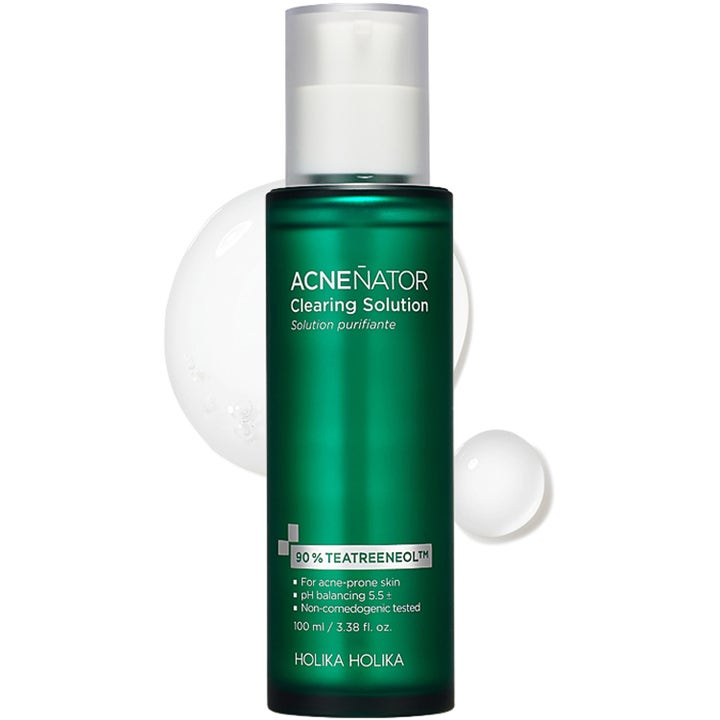 Holika Holika Acnenator Clearing Solution 100 ml serum mot kviser i grønn flaske med frostet kork og klar gel