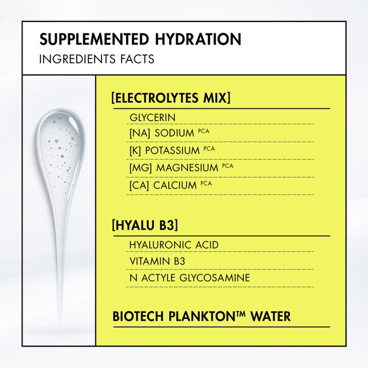 Biotherm Aquasource+ Electrolyte Dewy Gel 30 ml fuktighetskrem viser ingredienser som Hyalu B3 og elektrolytter.