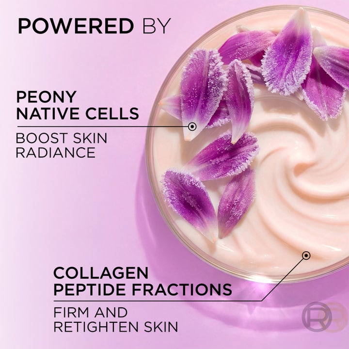 L'Oréal Paris Age Perfect Golden Age 50 ml nattkrem med rosa tekstur og lilla pionblader som gir glød