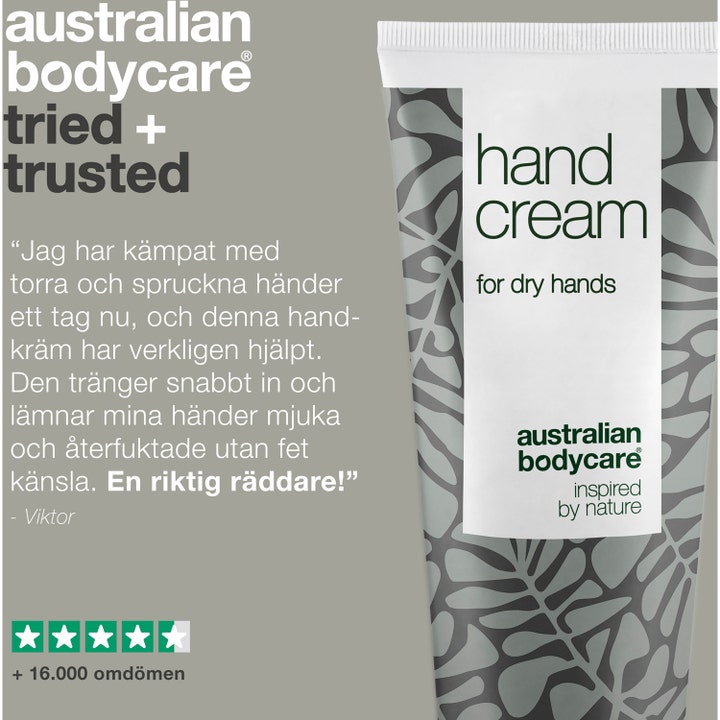 Australian Bodycare Hand Cream 100 ml håndkrem mot tørre hender i hvit tube med bladmønster og tekst med kundeomtale