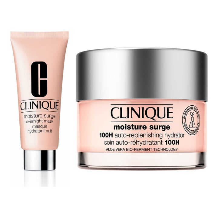 Clinique Moisture Surge 100H fuktighetskrem og nattmaske som gir fukt i rosa glasskrukke og tube med sølvlokk.