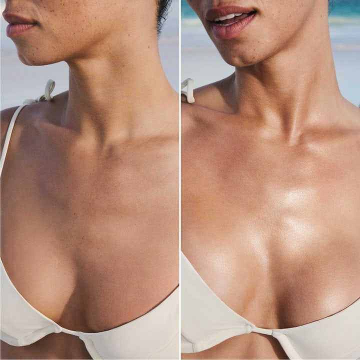 Sol de Janeiro Copacabana Bronze Glow Oil 75 ml kroppsolje gir glødende bronsefinish vist i før og etter-resultat.