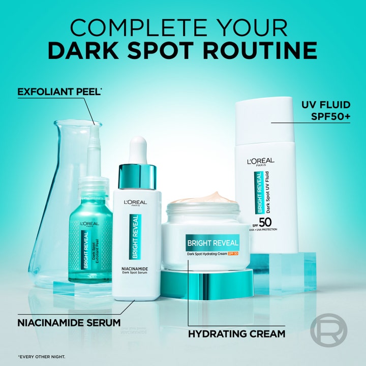 L'Oréal Paris Bright Reveal Niacinamide Serum 30 ml i en rutine mot mørke flekker med peel, krem og SPF 50.