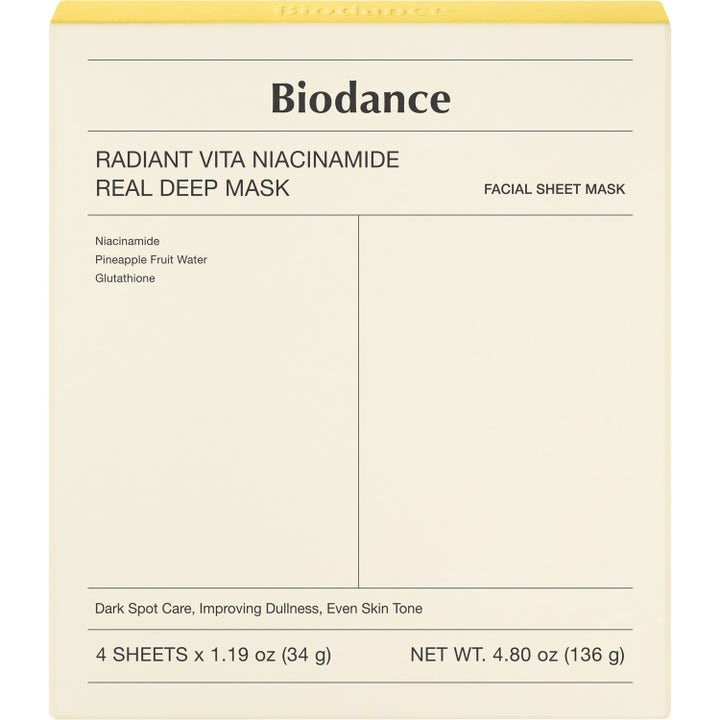 Biodance Radiant Vita Niacinamide Real Deep Mask 4 stk ansiktsmaske som gir jevnere hudtone i kremfarget eske
