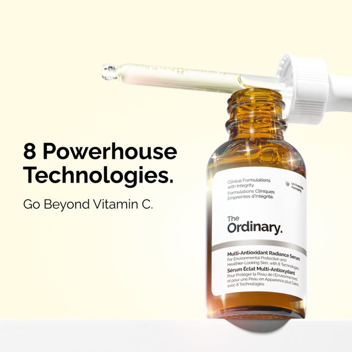 The Ordinary Multi-Antioxidant Radiance Serum 30 ml glødgivende serum i brun glassflaske med pipette og tekst om 8 teknologier.