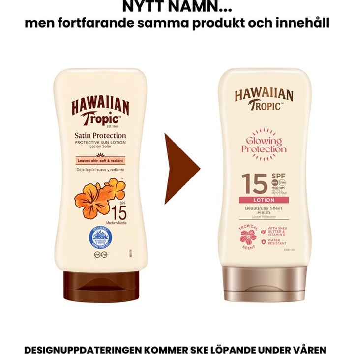 Hawaiian Tropic Glowing Protection SPF 15 solkrem i beige flaske med gullfarget kork som gir huden fuktighet og glød