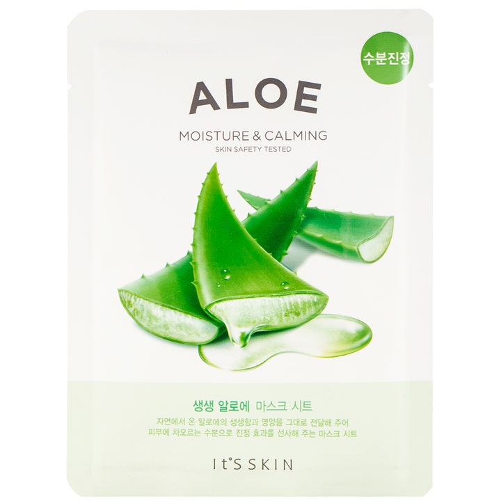 It'S SKIN Aloe Moisture & Calming Mask Sheet 1 stk beroligende ansiktsmaske i hvit pose med aloe vera-blader