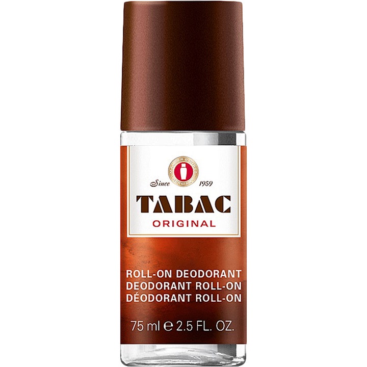 Tabac Original Roll-On Deodorant 75 ml gir friskhet i en klassisk glassflaske med brun kork og hvit etikett.