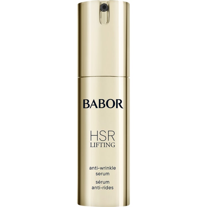Babor HSR Lifting Anti-Wrinkle Serum oppstrammende ansiktsserum i en glinsende gullfarget sylinder med pumpe