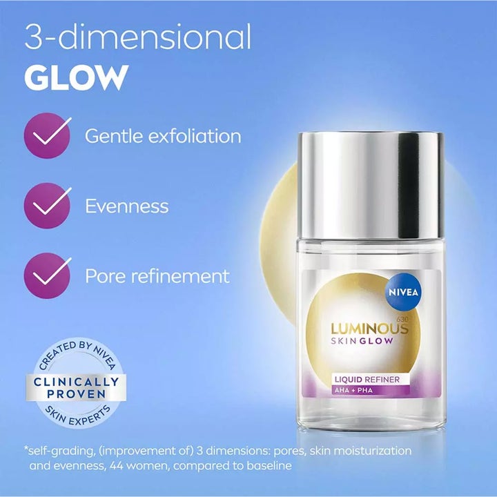 NIVEA Luminous630 Skin Glow Daily Liquid 100 ml eksfolierende ansiktsvann med AHA og PHA gir glød i klar flaske