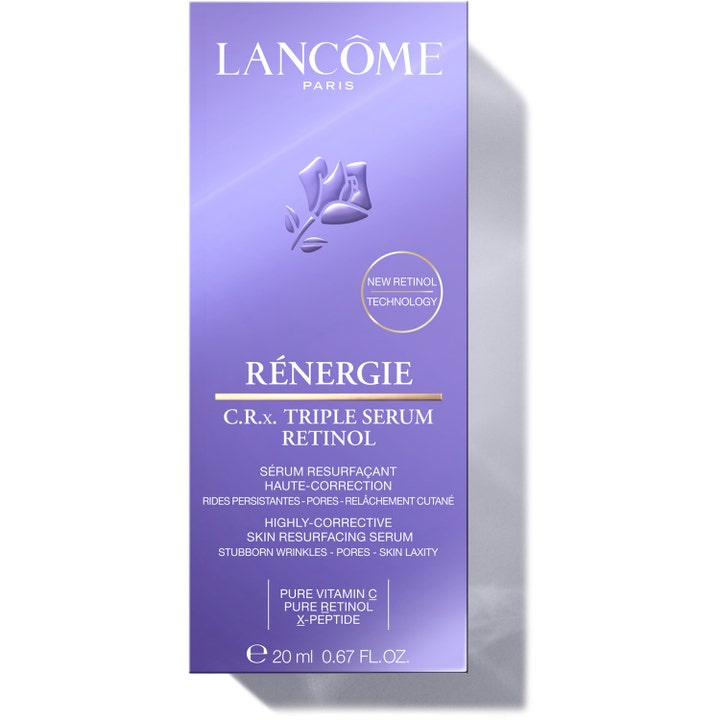 Lancôme Rénergie C.R.x Triple Serum Retinol 20 ml hudfornyende ansiktsserum i lilla eske med vitamin C og retinol.