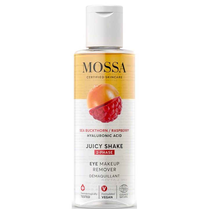 MOSSA Juicy Shake Eye Makeup Remover skånsom sminkefjerner for øyesminke med tofaset væske i flaske med hvit kork