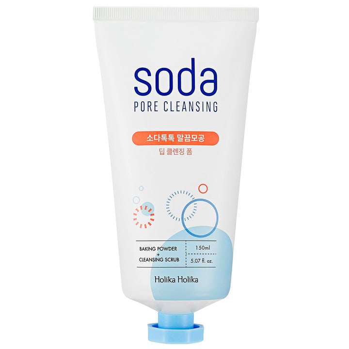 Holika Holika Soda Pore Cleansing 150ml dyprensende ansiktsrens i hvit tube med blått lokk og bobler.