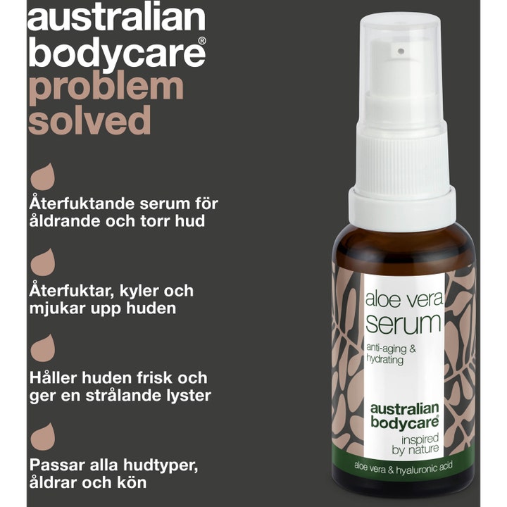 Australian Bodycare Aloe Vera Serum 30 ml fuktighetsgivende serum i brun glassflaske med hvit pumpe og hyaluronsyre.