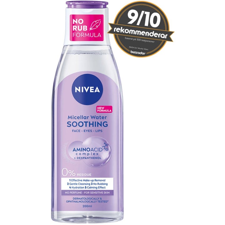 NIVEA Micellar Water Soothing 200ml beroligende ansiktsrens i plastflaske med lilla etikett og No Rub Formula
