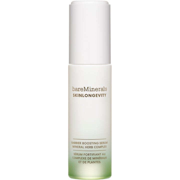 bareMinerals Skinlongevity Barrier Boosting Serum 50 ml styrkende ansiktsserum i hvit pumpeflaske med grønn bunn