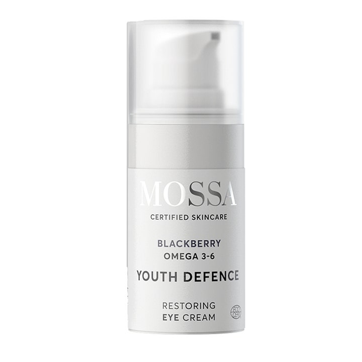 MOSSA Youth Defence Restoring Eye Cream gjenopprettende øyekrem med omega 3-6 i hvit pumpeflaske med frostet lokk