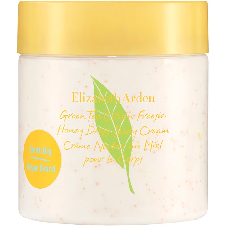 Elizabeth Arden Green Tea Citron Freesia Honey Drops Body Cream fuktighetsgivende kroppskrem i hvit krukke med gult lokk.