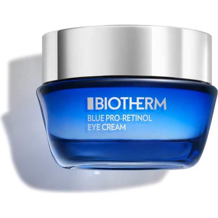 Biotherm Blue Pro-Retinol Eye Cream 15ml utglattende øyekrem i mørkeblå glasskrukke med sølvlokk.