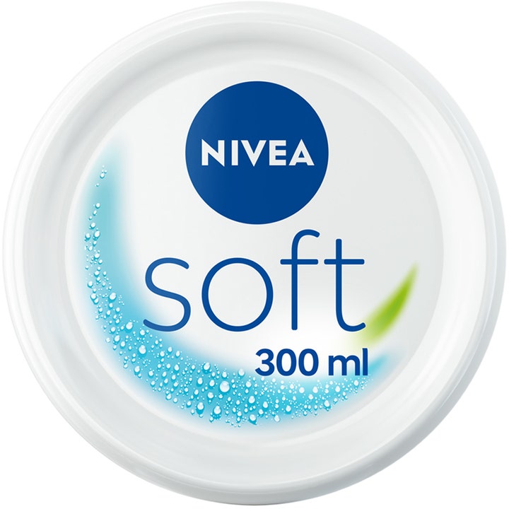 Nivea Soft 300 ml fuktighetskrem for ansikt og kropp i hvit krukke sett ovenfra med blått lokk og vanndråper.