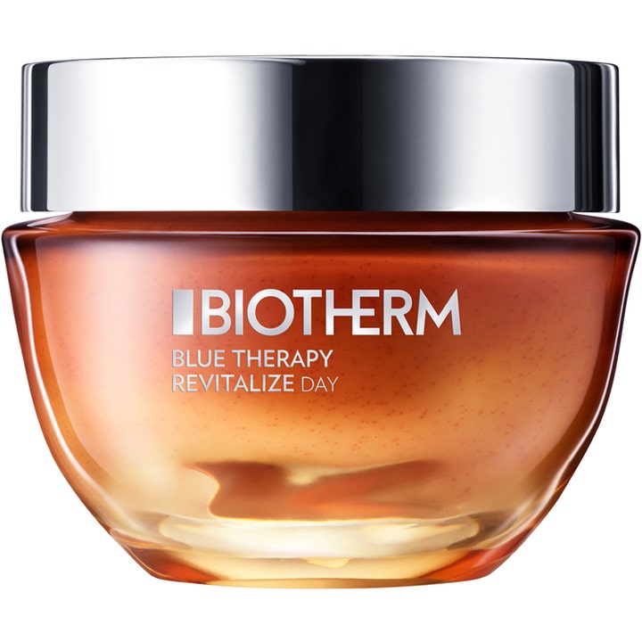 Biotherm Blue Therapy Revitalize Day 50ml revitaliserende dagkrem i ravfarget glasskrukke med sølvlokk som gir huden glød.