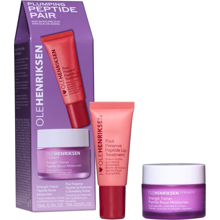 Ole Henriksen Plumping Peptide Pair sett med fuktighetsgivende ansiktskrem og leppebehandling i lilla og rosa