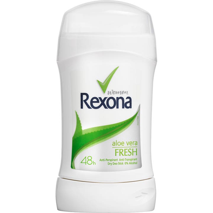 Rexona Aloe Vera Fresh Deodorant Stick gir 48 timers beskyttelse i en hvit hylse med dekorativt grønt aloe vera-blad.