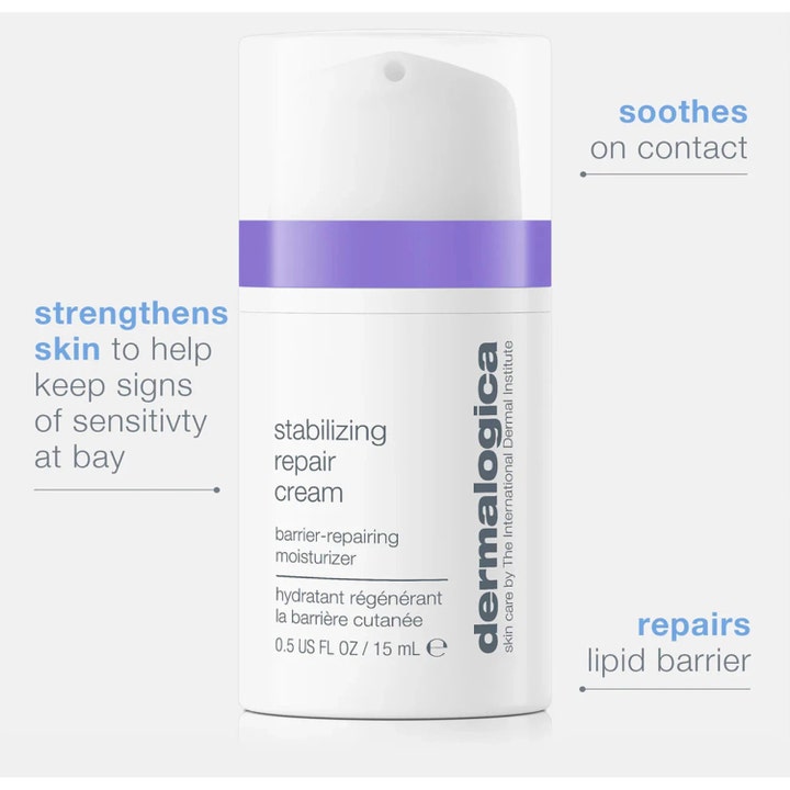 Dermalogica Stabilizing Repair Cream 15 ml beroligende ansiktskrem i hvit pumpeflaske med lilla detalj