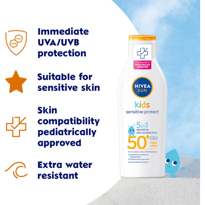 NIVEA Sun Kids Protect & Sensitive 200 ml solkrem for barn med SPF 50 og infografikk om hudpleie på hvit flaske