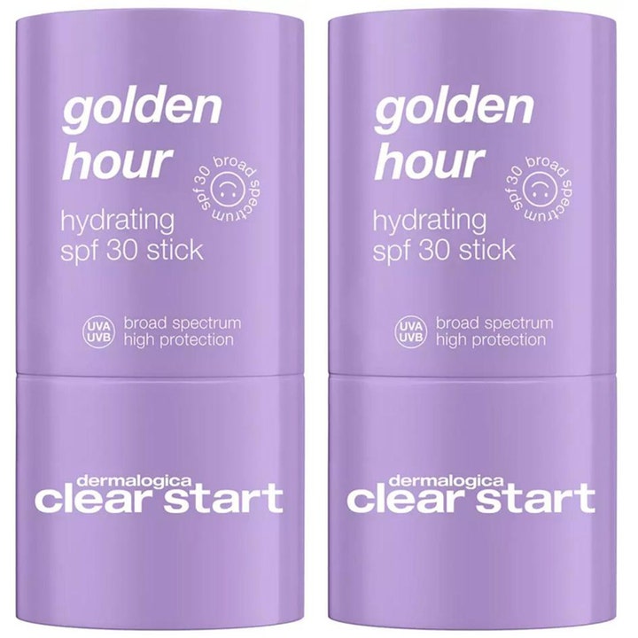 Dermalogica Clear Start Golden Hour Hydrating SPF 30 Stick fuktighetsgivende solstift i lilla hylser med hvit tekst.