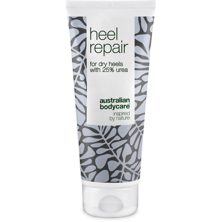 Australian Bodycare Heel Repair fotkrem mot tørre hæler med 25 % urea i hvit tube med grått bladmønster.