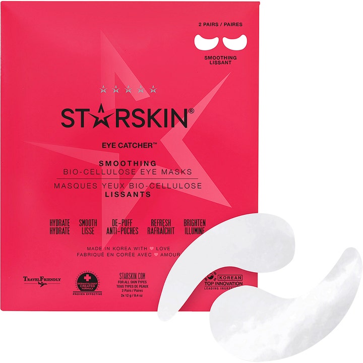 Starskin Eye Catcher 2 par utglattende øyemasker i rosa pakning med hvite bio-cellulose pads.