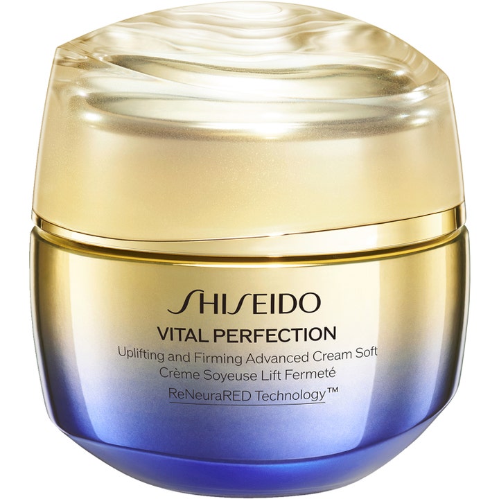 Shiseido Vital Perfection Uplifting and Firming Advanced Cream Soft oppstrammende ansiktskrem i gull og lilla krukke