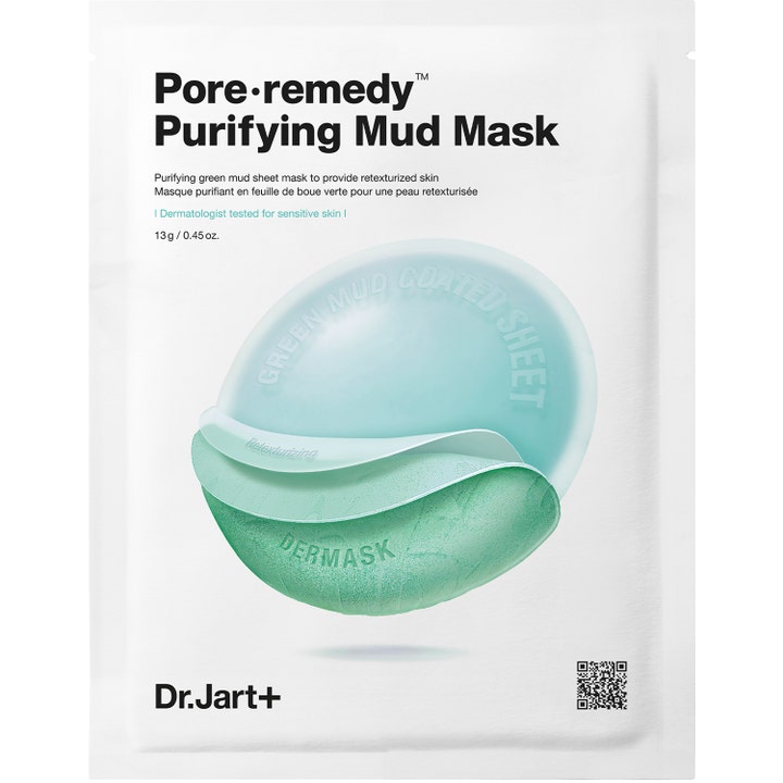 Dr. Jart+ Pore Remedy Purifying Mud Mask 13g rensende ansiktsmaske i hvit forpakning med grønn leire